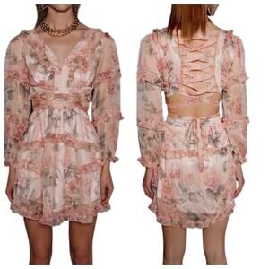Guilty of Glam Floral Cutout Lace Up Mini Dress Blush Pink Ruffles Date Night S